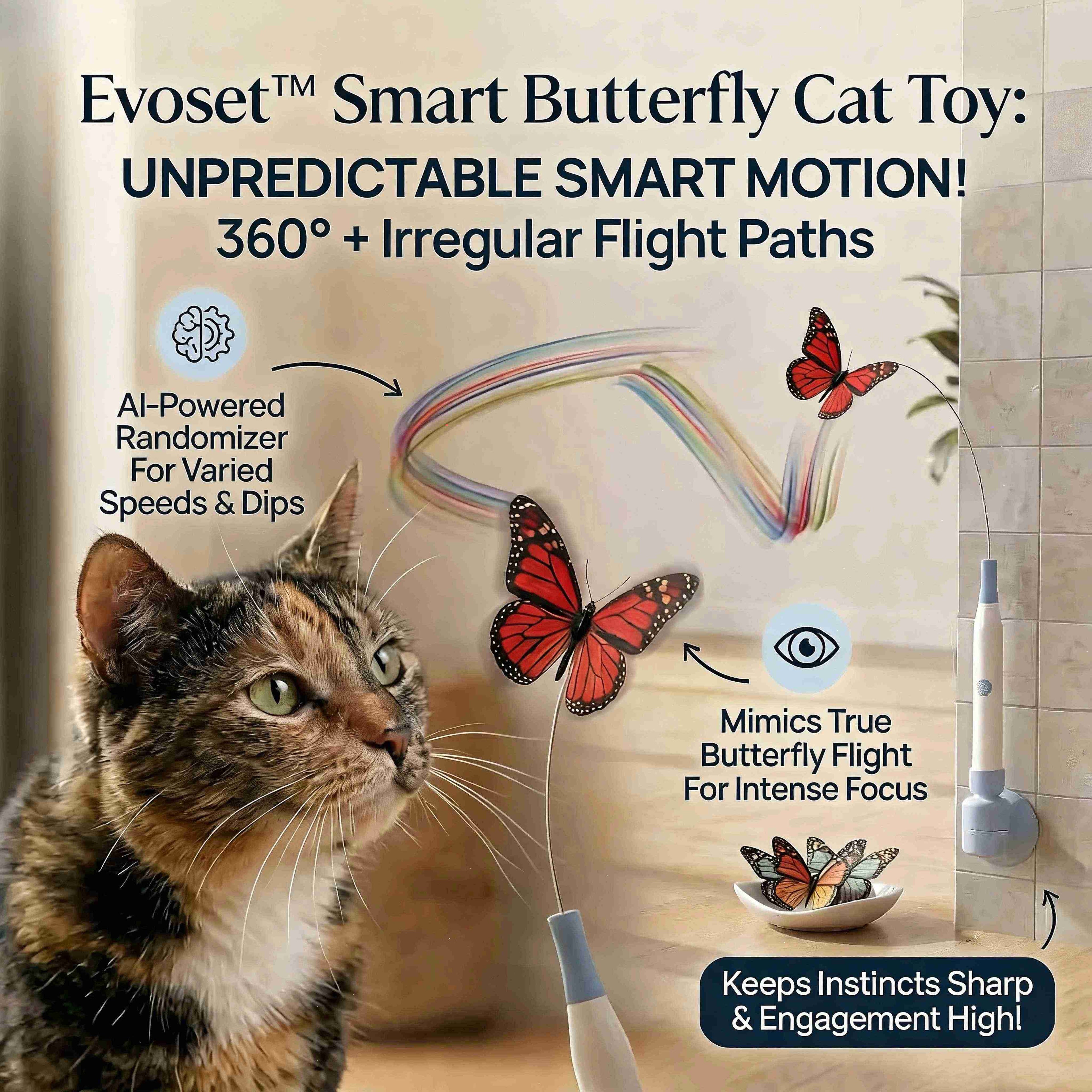 Infographic for Evoset Smart Butterfly Cat Toy showing "Two Ways to Play": a handheld detachable wand for active bonding and a strong suction base for hands-free fixed play. Features a tabby cat stalking a red butterfly teaser.