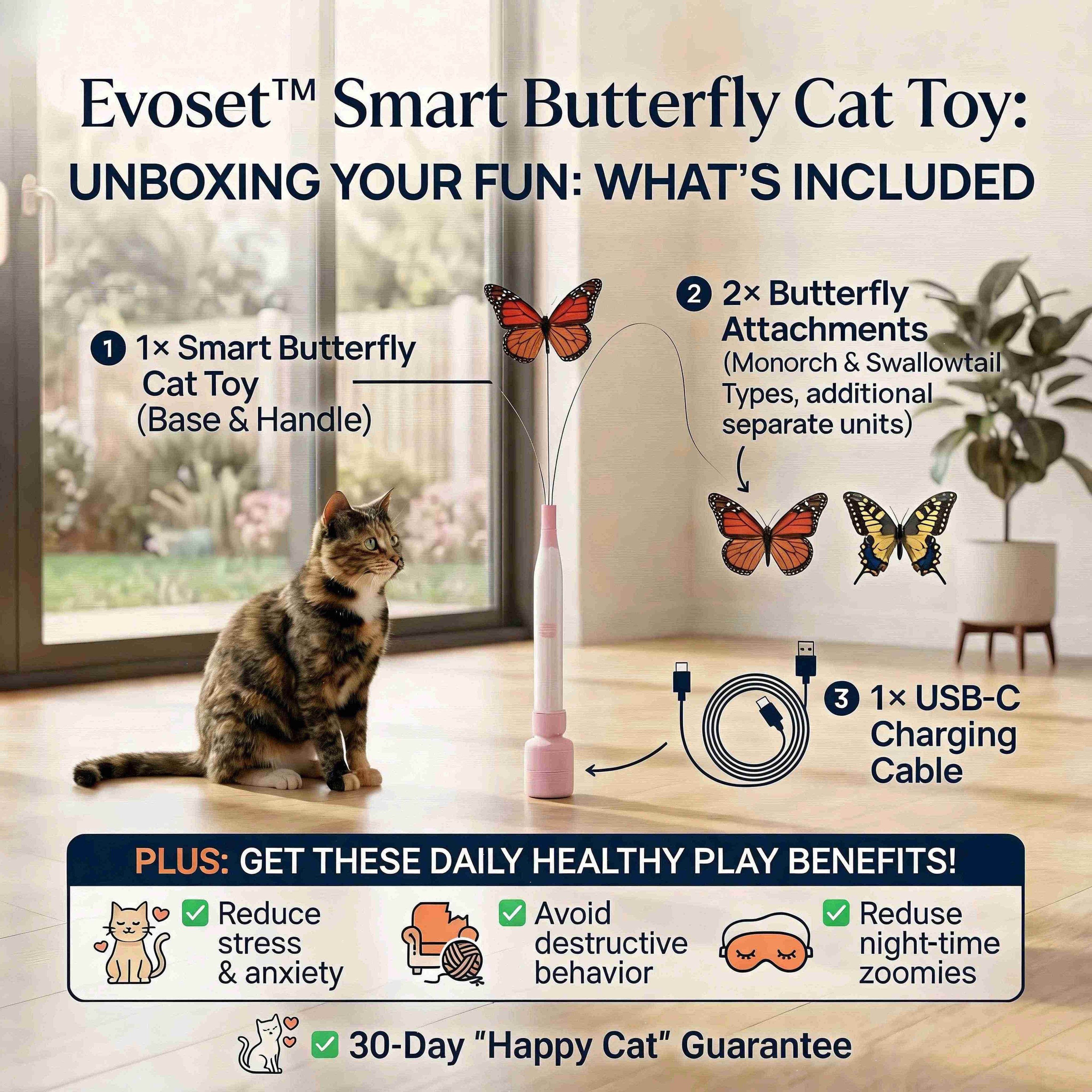 Infographic for the Evoset Smart Butterfly Cat Toy V2 highlighting "Unpredictable Smart Motion." Features include an AI-powered randomizer for varied speeds and dips, irregular flight paths, and a design that mimics true butterfly flight to keep cat instincts sharp.