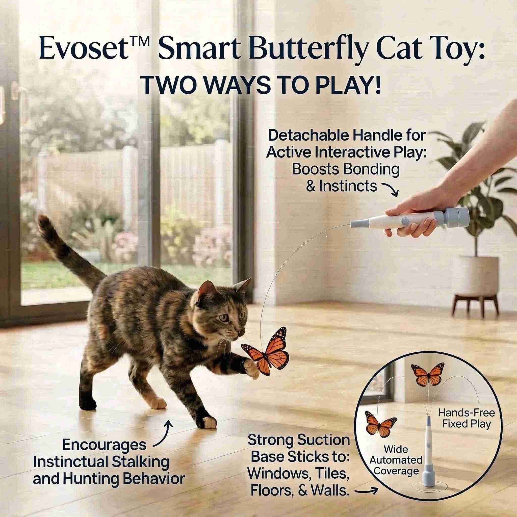 Infographic for Evoset Smart Butterfly Cat Toy showing "Two Ways to Play": a handheld detachable wand for active bonding and a strong suction base for hands-free fixed play. Features a tabby cat stalking a red butterfly teaser.