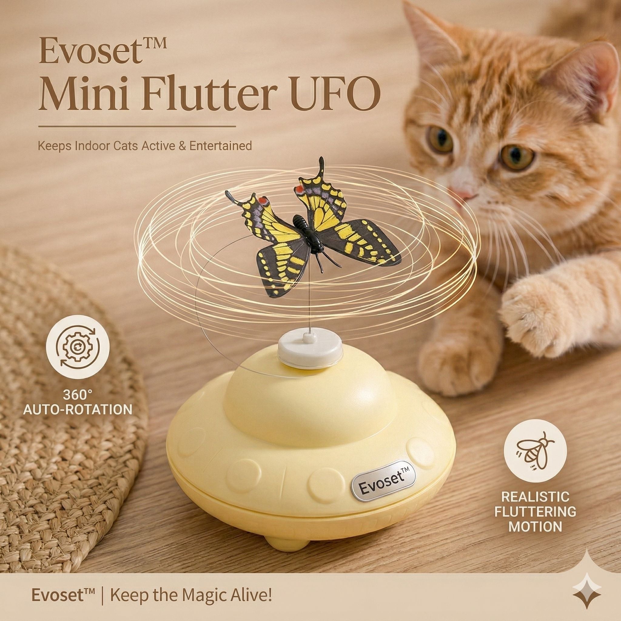 Evoset Mini Flutter UFO cat toy with a butterfly design, featuring a cat interacting with it on a wooden surface.