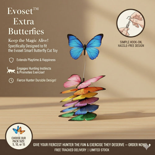 Evoset Extra Butterflies cat toy with colorful butterflies on a wooden surface, featuring text about the product.