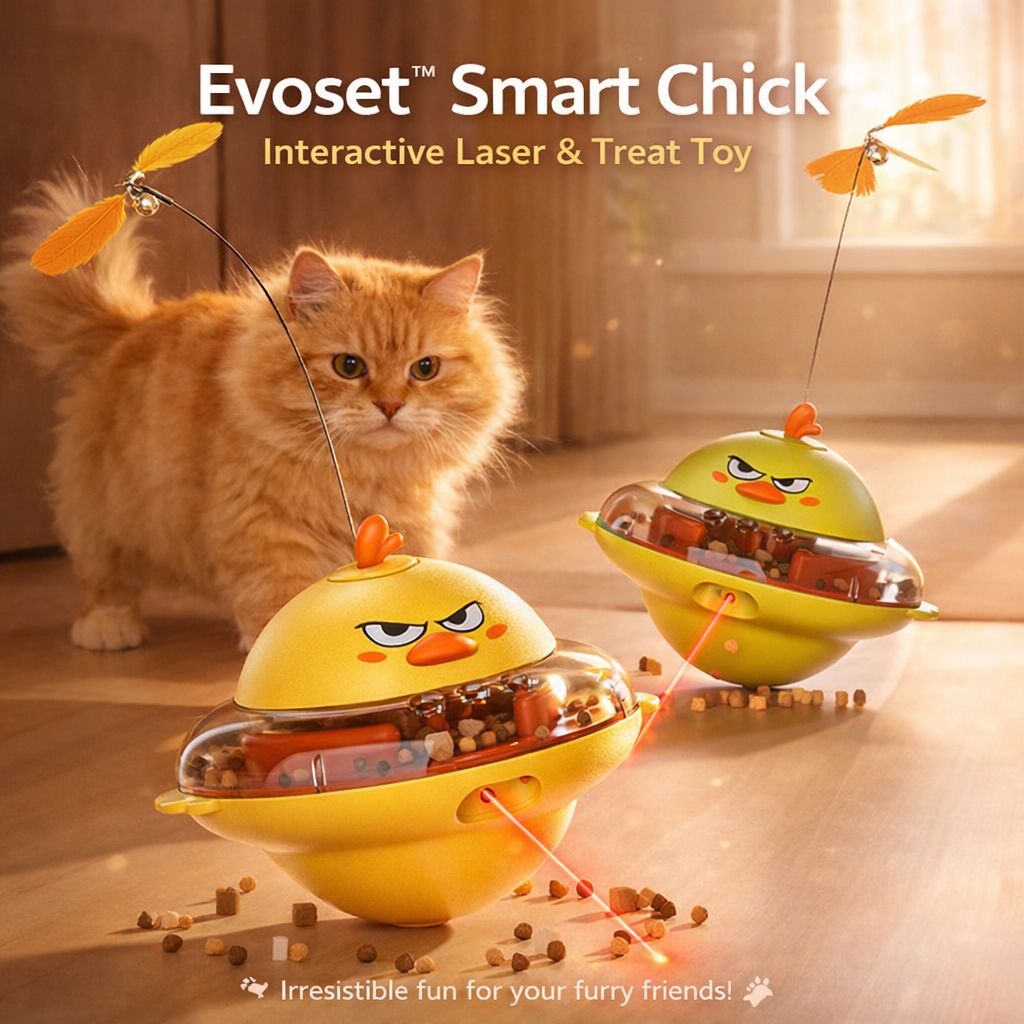 Evoset Smart Chick interactive laser and treat toy with a cat playing with it.