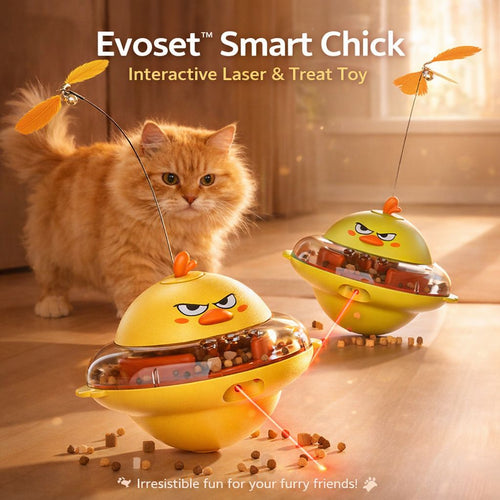 Evoset Smart Chick interactive laser and treat toy with a cat playing with it.