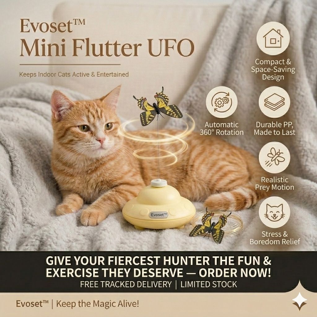 Cat playing with Evoset Mini Flutter UFO toy on a soft surface