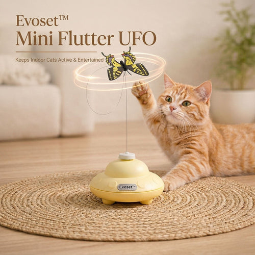 Evoset Mini Flutter UFO automatic butterfly cat toy in yellow, featuring a 360-degree rotating butterfly teaser. An orange tabby cat is shown pouncing on the toy to demonstrate interactive play and mental stimulation.