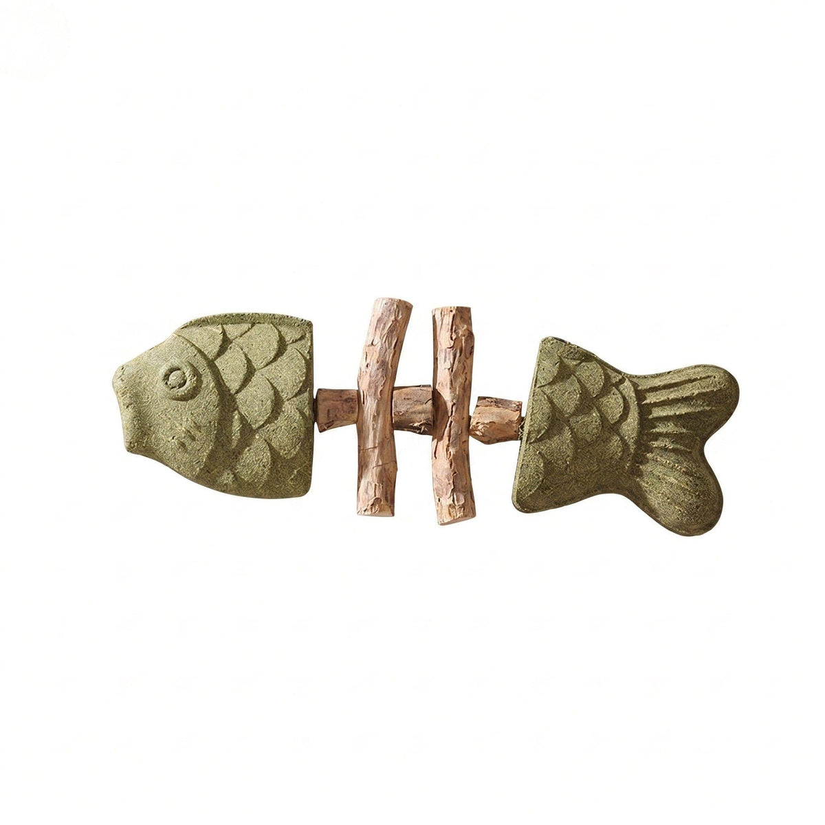 Smart Wellness Dental Fish Bone — green fish-shaped dental chew toy with two silvervine sticks on white background