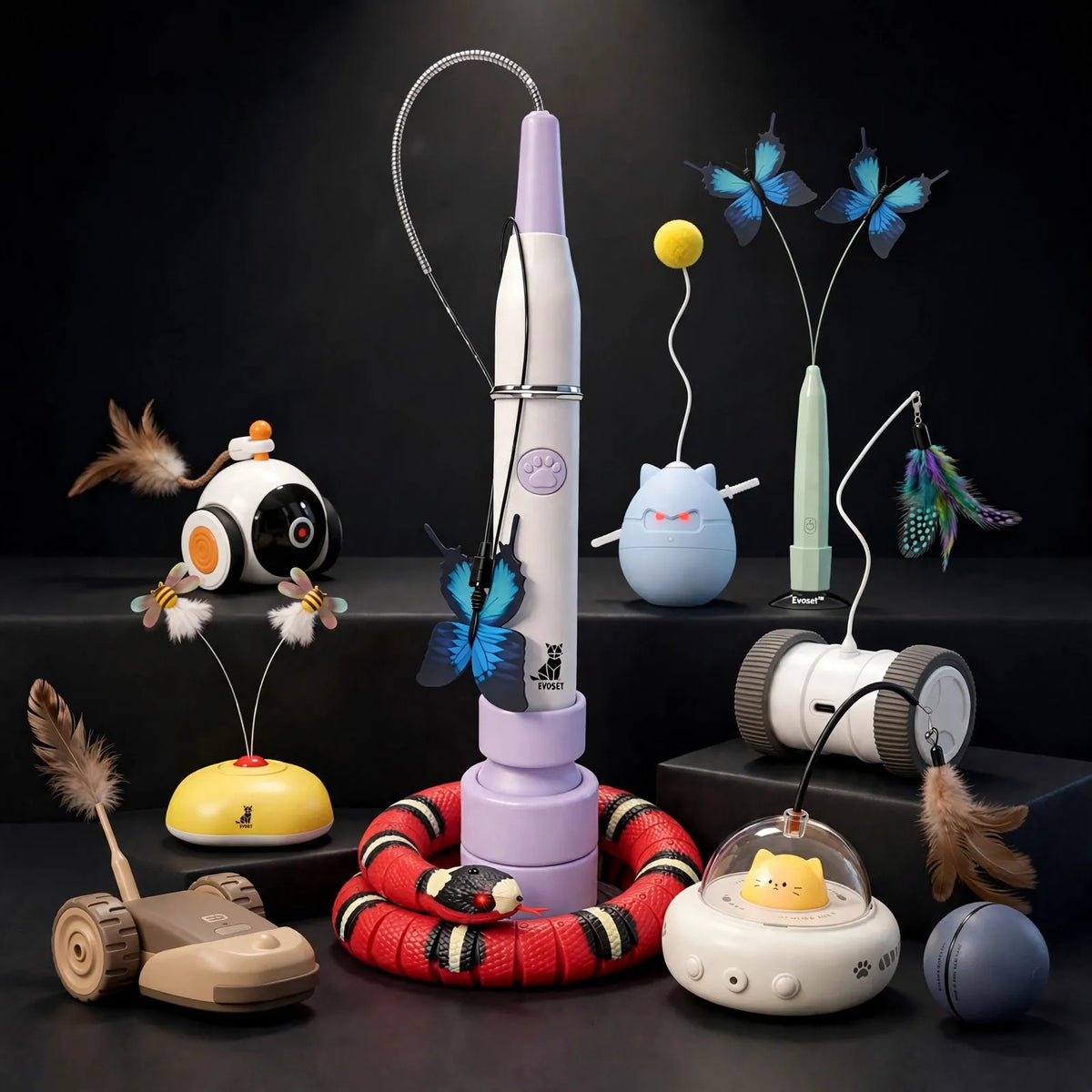 Full Hunt Collection — hero shot of all 10 interactive cat toys arranged on dark steps