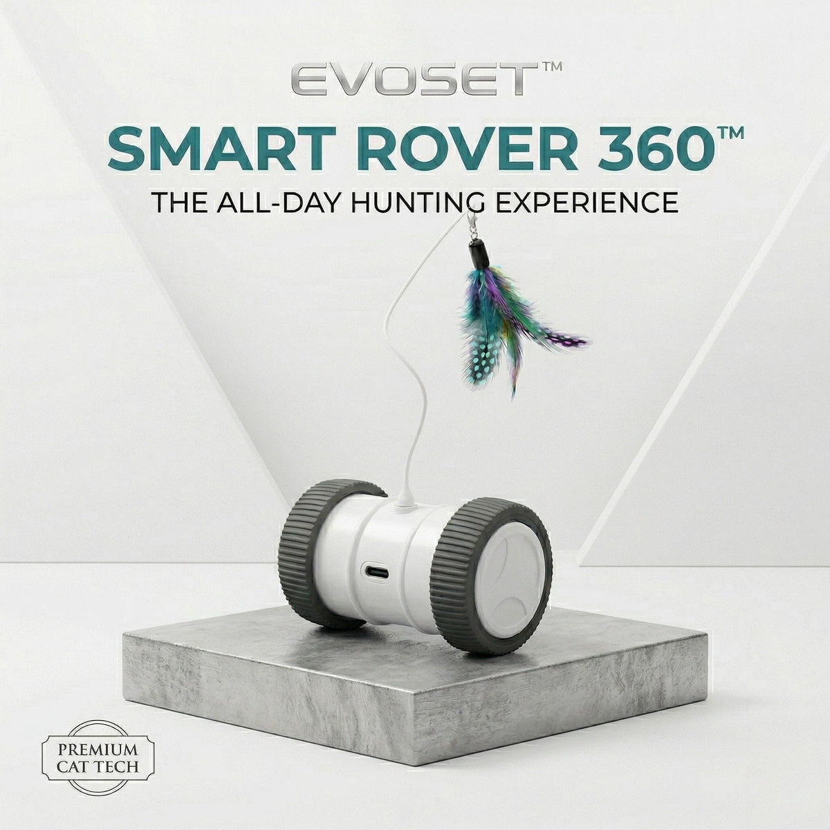 Full Hunt Collection — Smart Rover 360 toy, white wheeled robot with colorful feather teaser on a stone pedestal